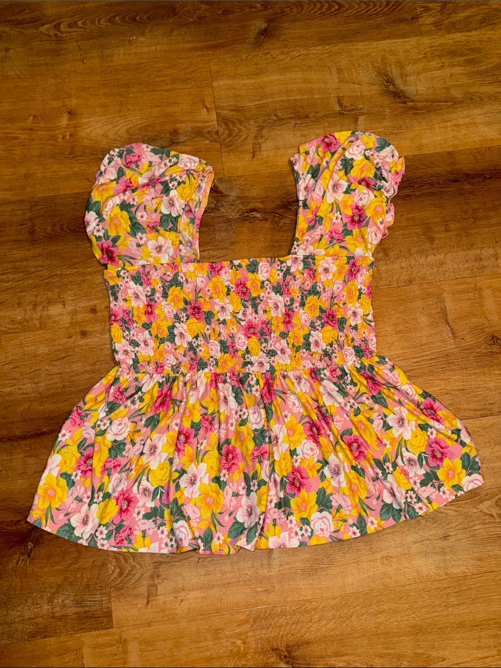 Floral Smocked Peplum Top - Yellow & Pink